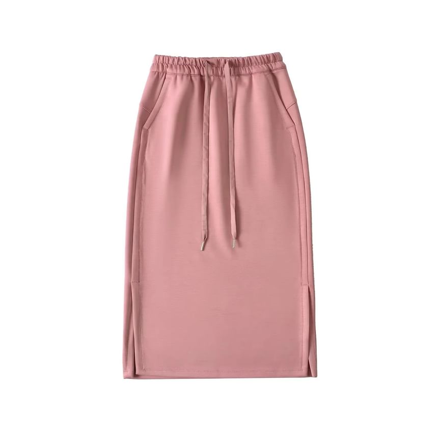 Side-Slit Midi Pencil Skirt with Adjustable Drawstring