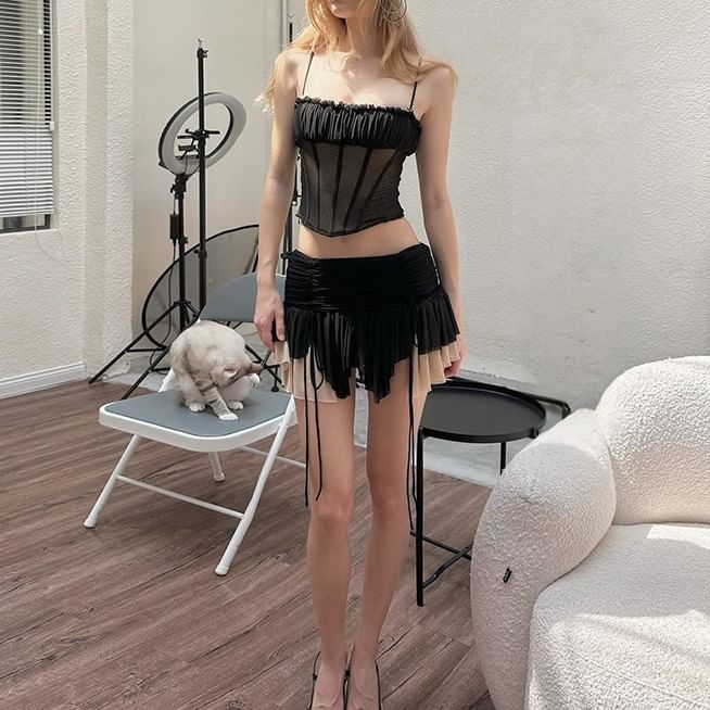 Mesh Panel Corset Top & Asymmetrical Mini Skirt Set