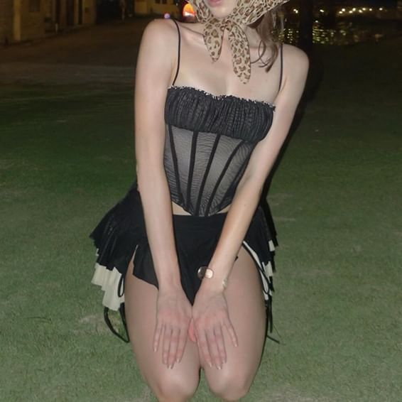 Mesh Panel Corset Top & Asymmetrical Mini Skirt Set