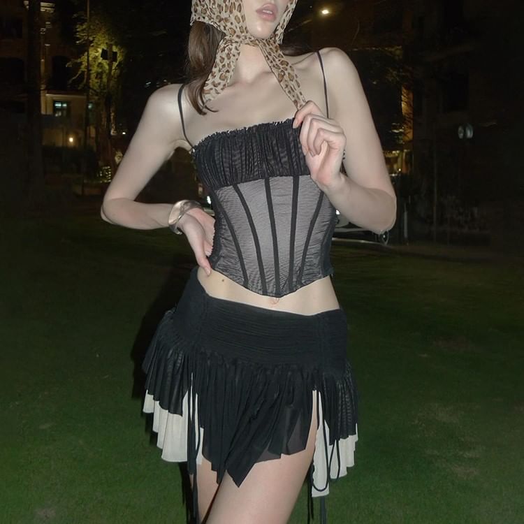 Mesh Panel Corset Top & Asymmetrical Mini Skirt Set