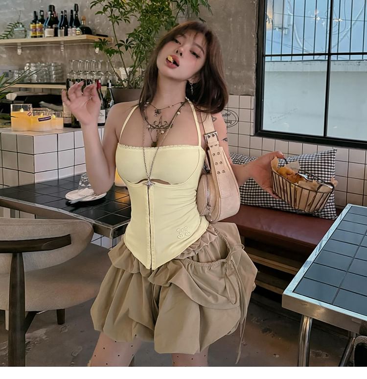 Halter Cutout Lace Cami & Bubble Hem Skirt Set