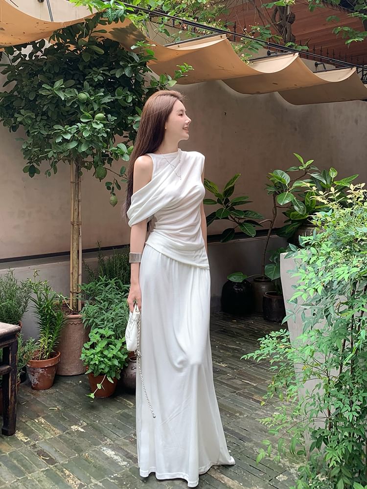 Cold Shoulder Tee & Maxi Skirt Two-Piece - High Waist