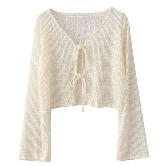 Bell Sleeve V-Neck Crochet Knit Cardigan