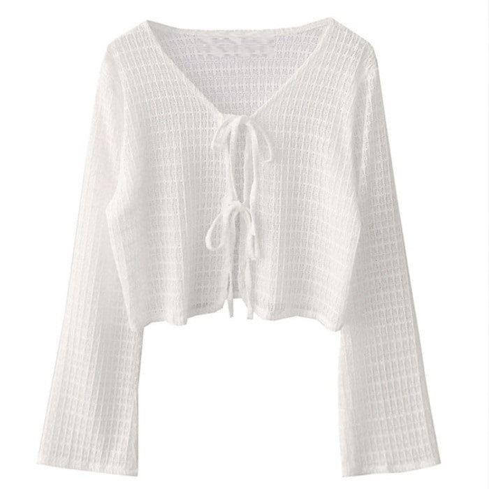 Bell Sleeve V-Neck Crochet Knit Cardigan