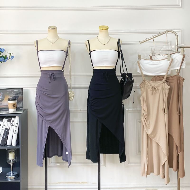 Two-Piece Outfit: Padded Crop Top and Asymmetric Ruched Skirt
