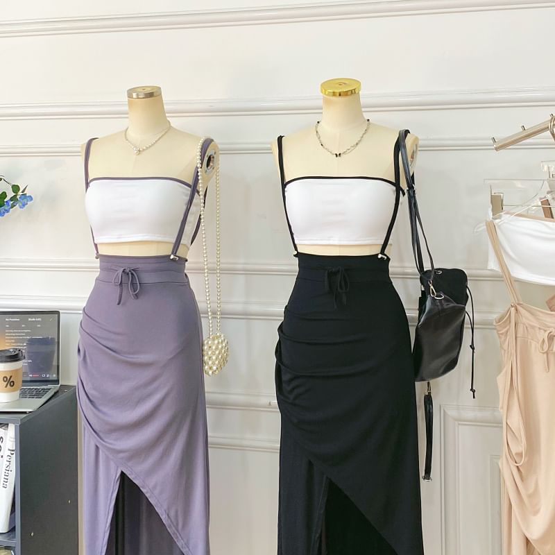 Two-Piece Outfit: Padded Crop Top and Asymmetric Ruched Skirt