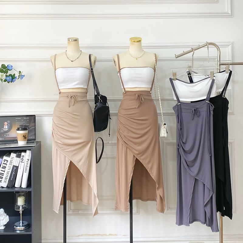 Two-Piece Outfit: Padded Crop Top and Asymmetric Ruched Skirt