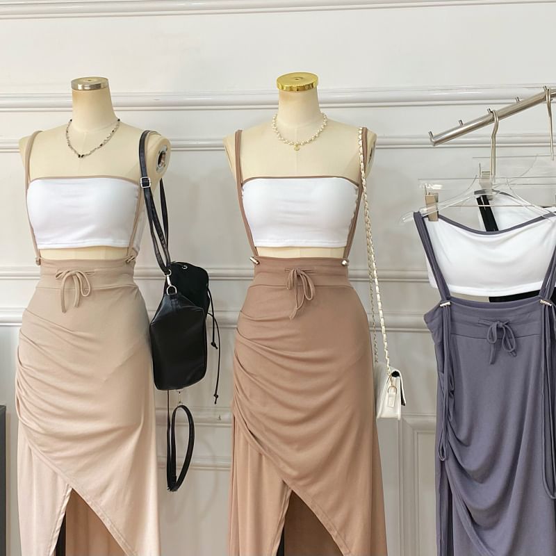 Two-Piece Outfit: Padded Crop Top and Asymmetric Ruched Skirt