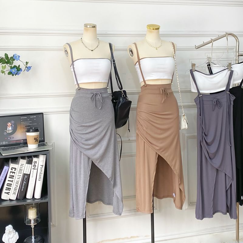 Two-Piece Outfit: Padded Crop Top and Asymmetric Ruched Skirt