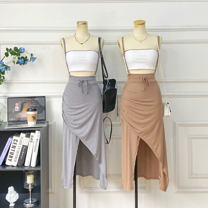 Two-Piece Outfit: Padded Crop Top and Asymmetric Ruched Skirt