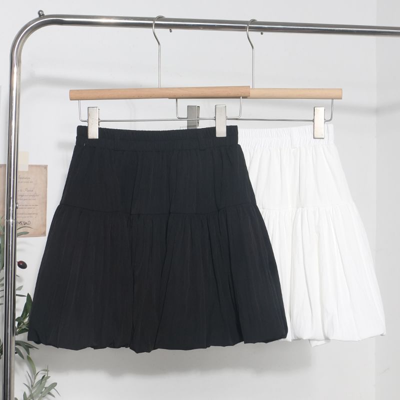 Elasticized Flared Mini Skirt with Tiered Plain Design