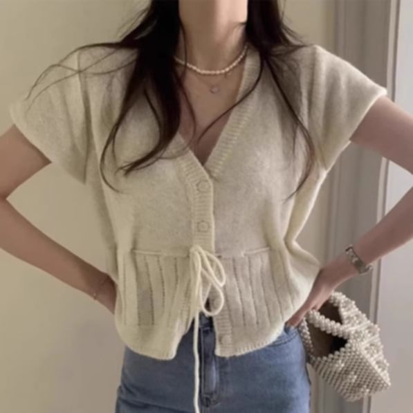 Short Sleeve V-Neck Drawstring Cardigan
