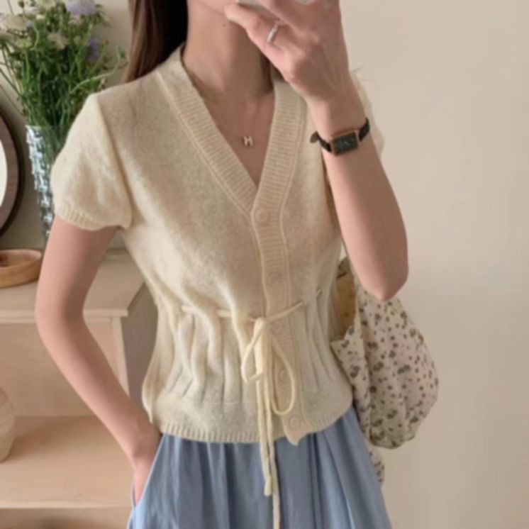 Short Sleeve V-Neck Drawstring Cardigan