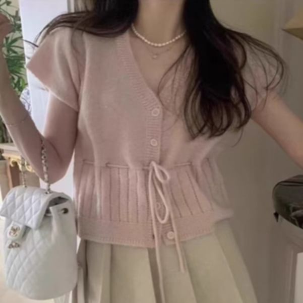 Short Sleeve V-Neck Drawstring Cardigan