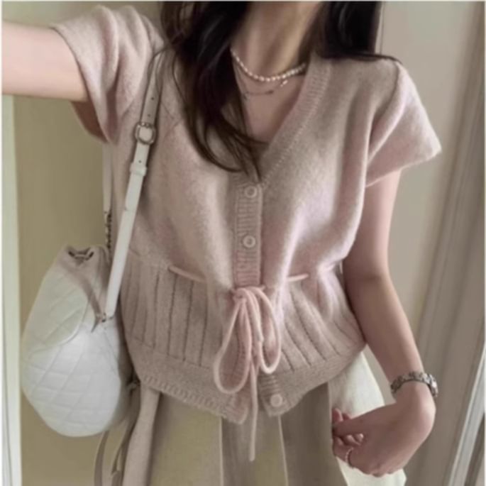 Short Sleeve V-Neck Drawstring Cardigan