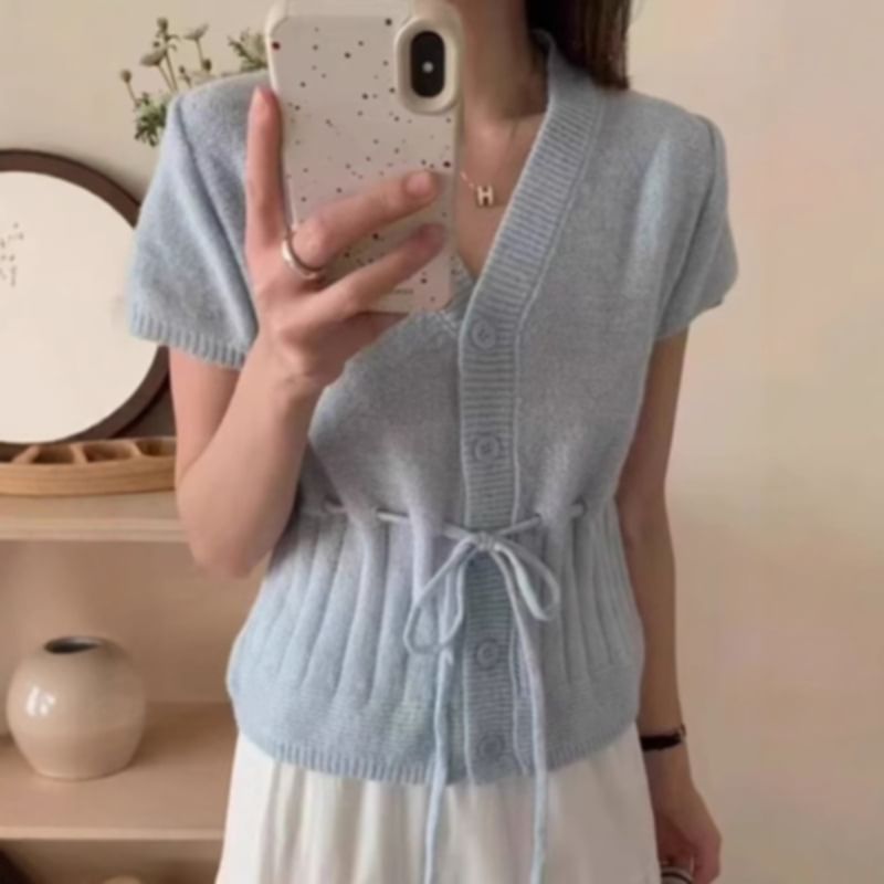 Short Sleeve V-Neck Drawstring Cardigan