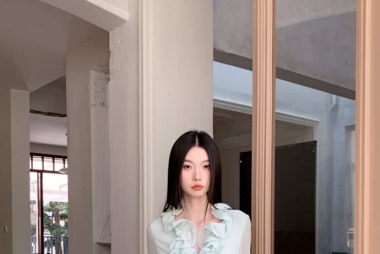 Sheer Blouse with Ruffle Trim and Rhinestone Mini Skirt Set