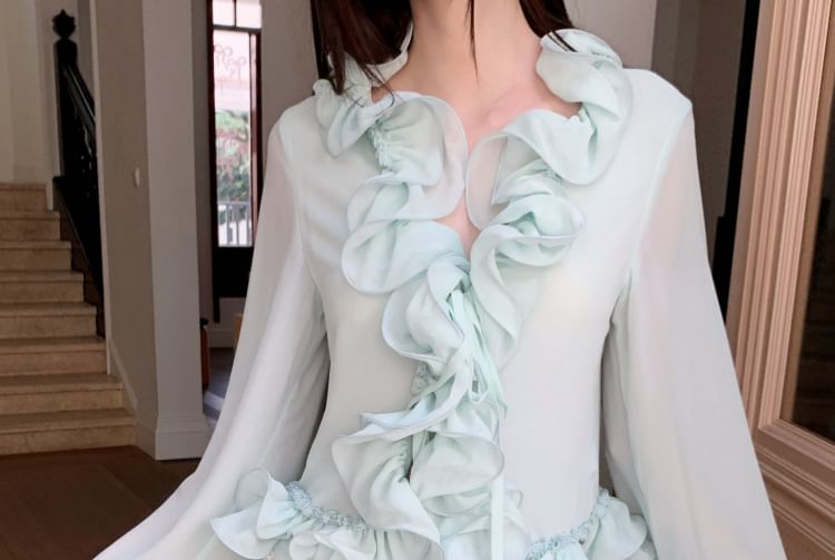 Sheer Blouse with Ruffle Trim and Rhinestone Mini Skirt Set