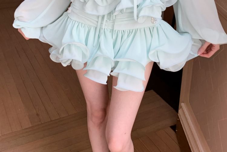 Sheer Blouse with Ruffle Trim and Rhinestone Mini Skirt Set
