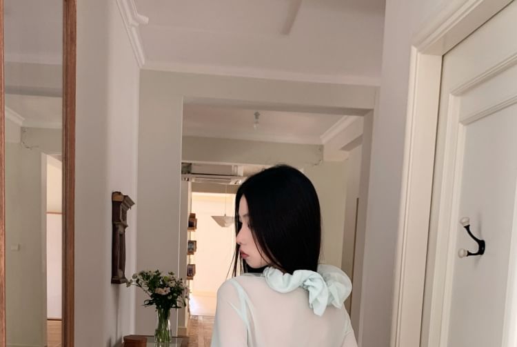 Sheer Blouse with Ruffle Trim and Rhinestone Mini Skirt Set
