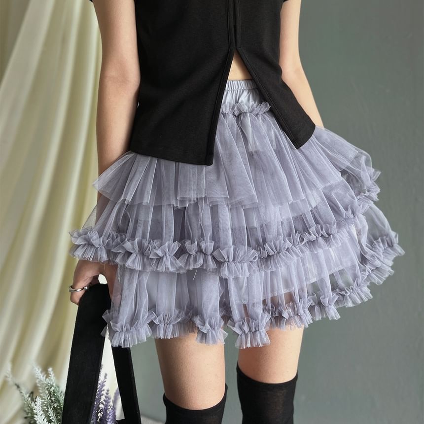 High-Waisted Tulle Mini Skirt with Ruffled Trim