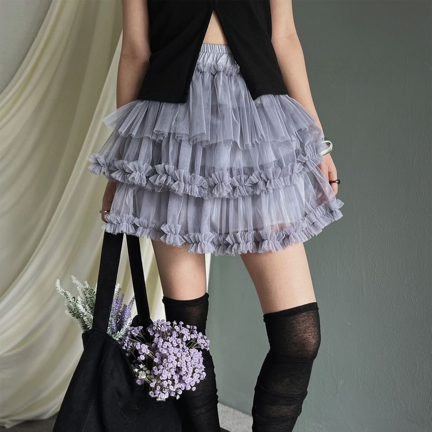 High-Waisted Tulle Mini Skirt with Ruffled Trim