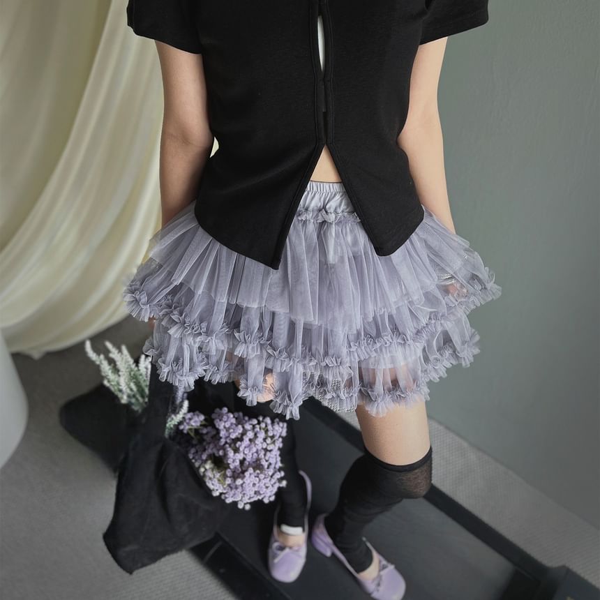 High-Waisted Tulle Mini Skirt with Ruffled Trim