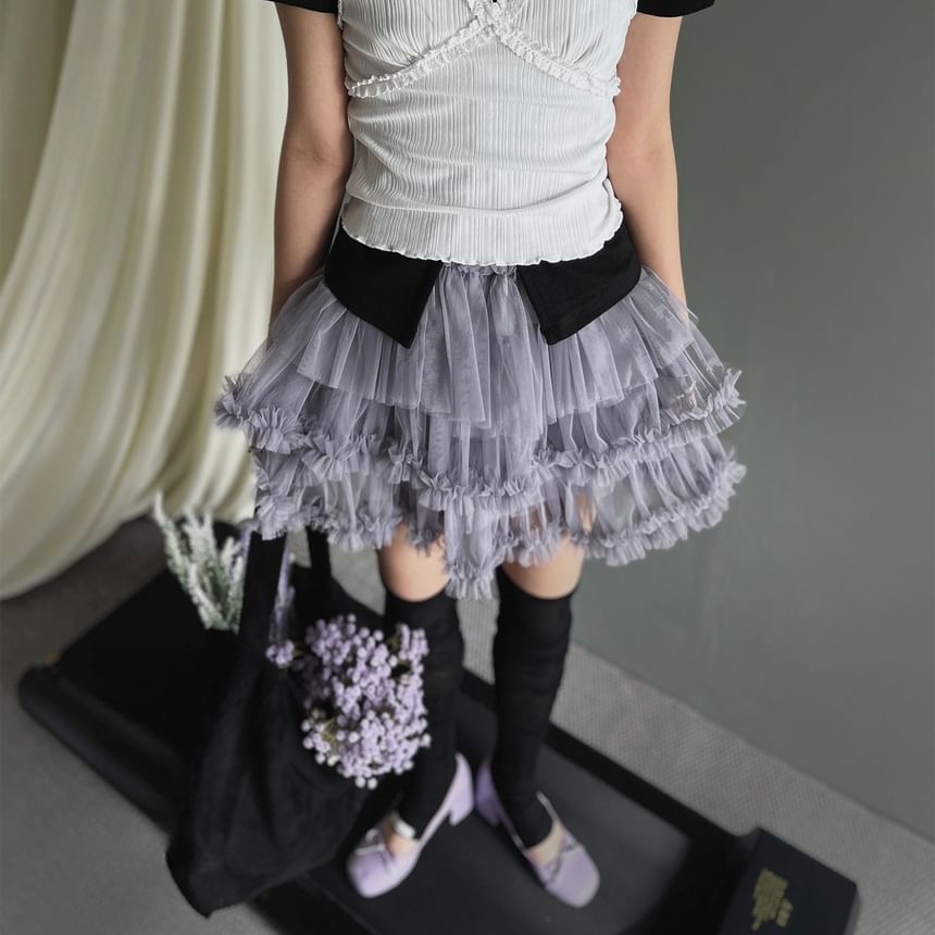 High-Waisted Tulle Mini Skirt with Ruffled Trim