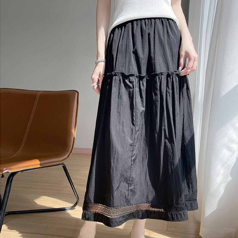 Ruffled Midi Skirt with Lace Trim and High Waist