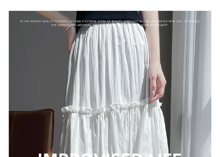 Ruffled Midi Skirt with Lace Trim and High Waist
