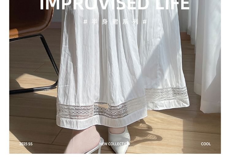 Ruffled Midi Skirt with Lace Trim and High Waist