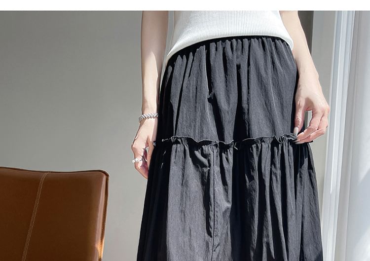 Ruffled Midi Skirt with Lace Trim and High Waist