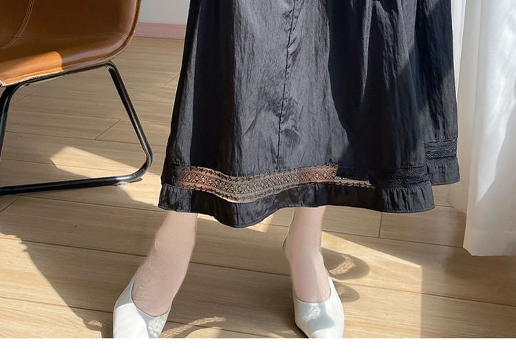 Ruffled Midi Skirt with Lace Trim and High Waist