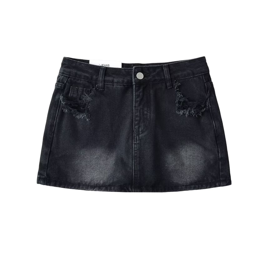 Distressed Denim Mini Skirt with Mid-Rise H-Line Fit
