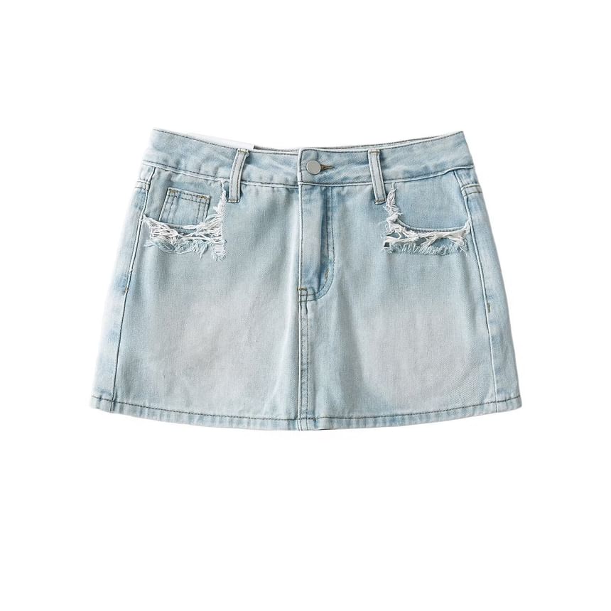 Distressed Denim Mini Skirt with Mid-Rise H-Line Fit