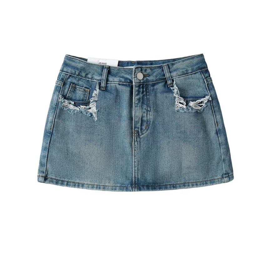 Distressed Denim Mini Skirt with Mid-Rise H-Line Fit