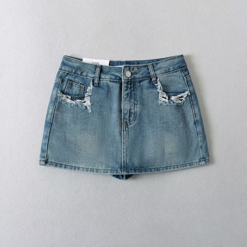 Distressed Denim Mini Skirt with Mid-Rise H-Line Fit