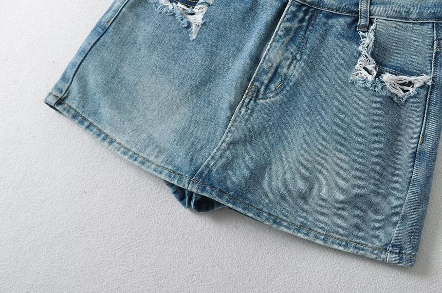 Distressed Denim Mini Skirt with Mid-Rise H-Line Fit