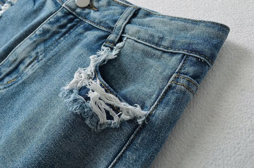 Distressed Denim Mini Skirt with Mid-Rise H-Line Fit