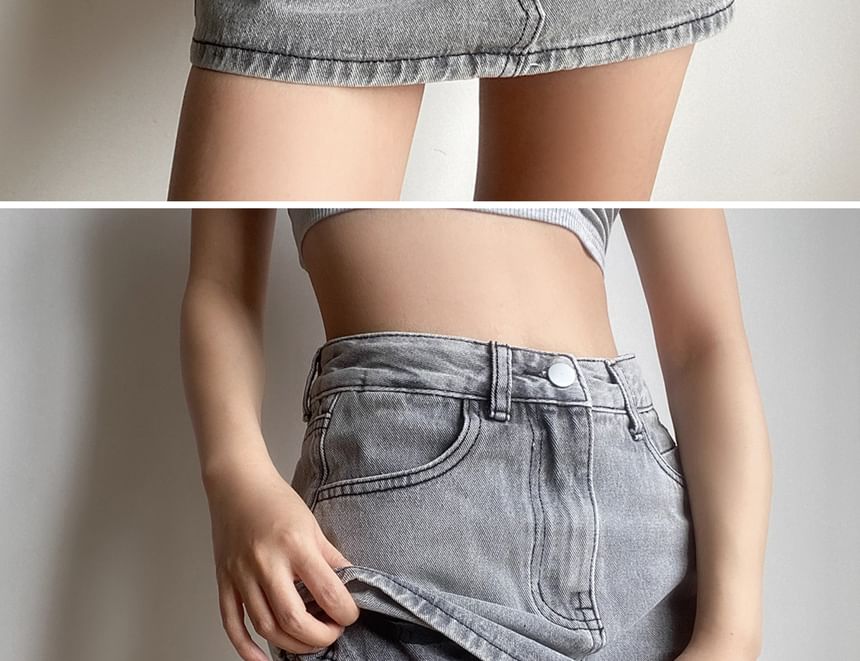 Faded Denim Mini Pencil Skirt with Mid-Rise Fit