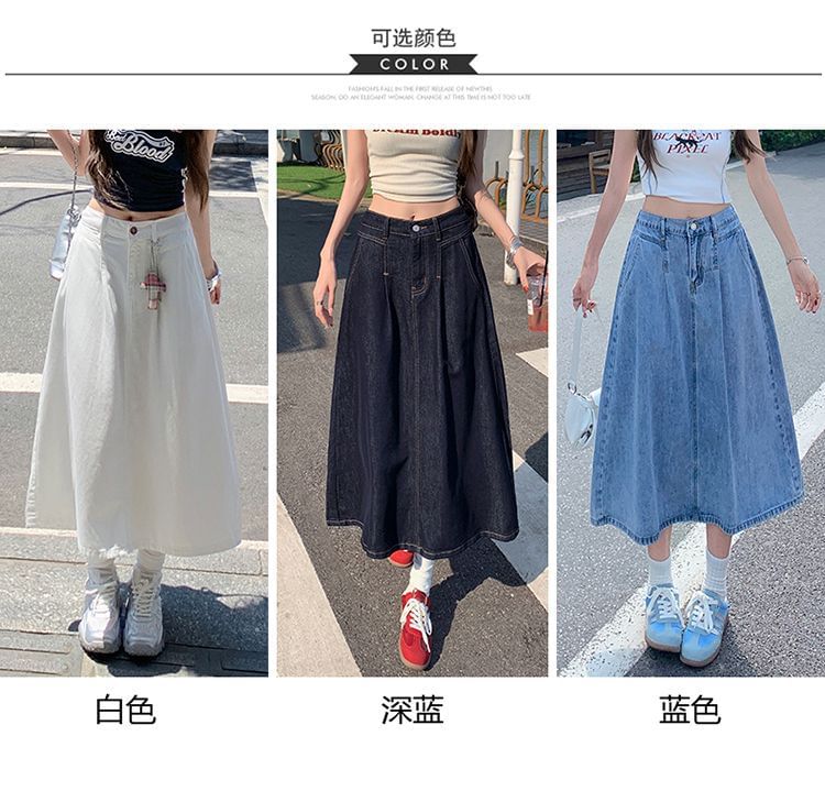 Denim A-Line Midi Skirt in High-Rise Style