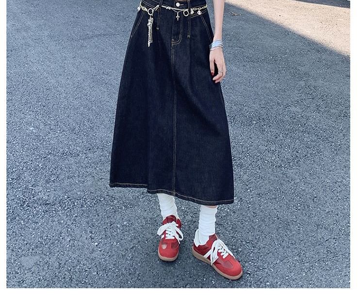 Denim A-Line Midi Skirt in High-Rise Style