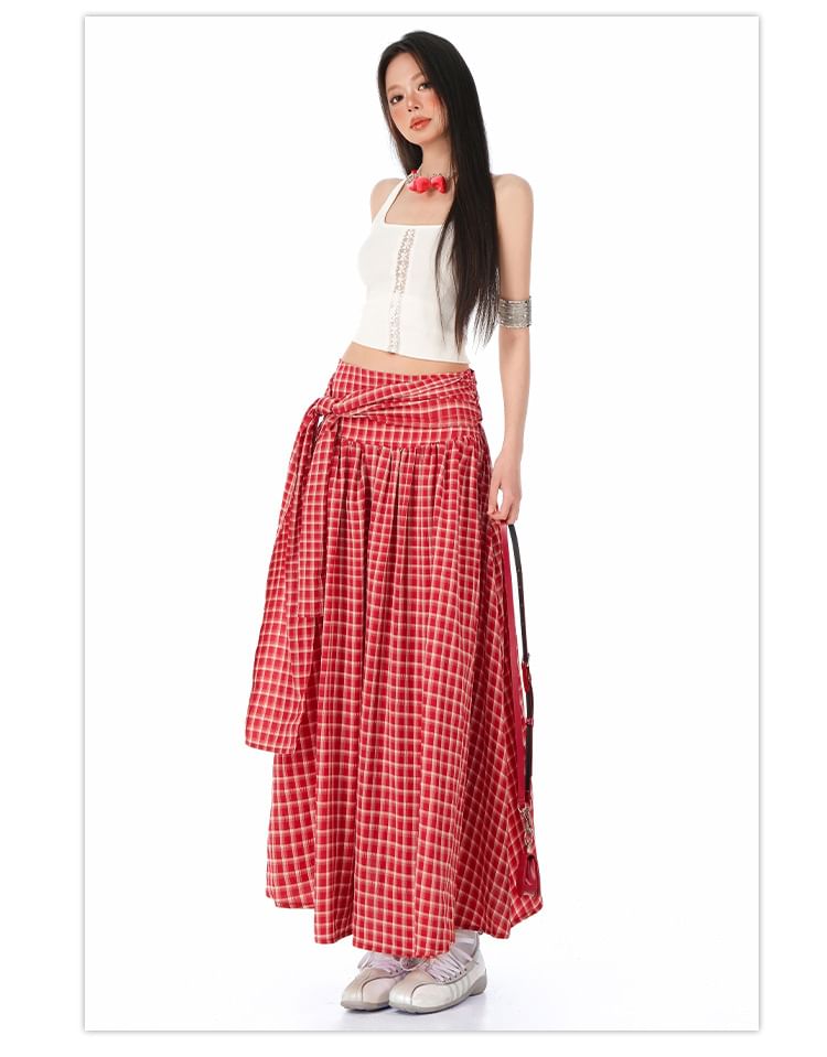 Asymmetric Plaid Maxi Skirt with High-Rise Waist