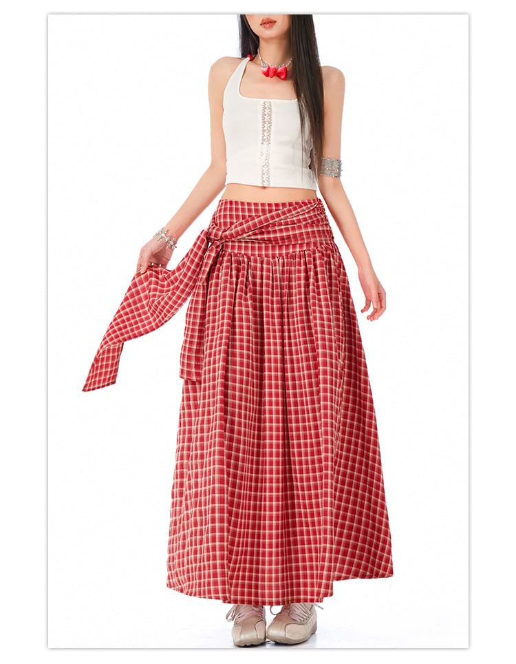 Asymmetric Plaid Maxi Skirt with High-Rise Waist