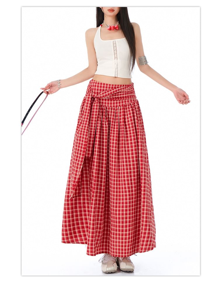 Asymmetric Plaid Maxi Skirt with High-Rise Waist