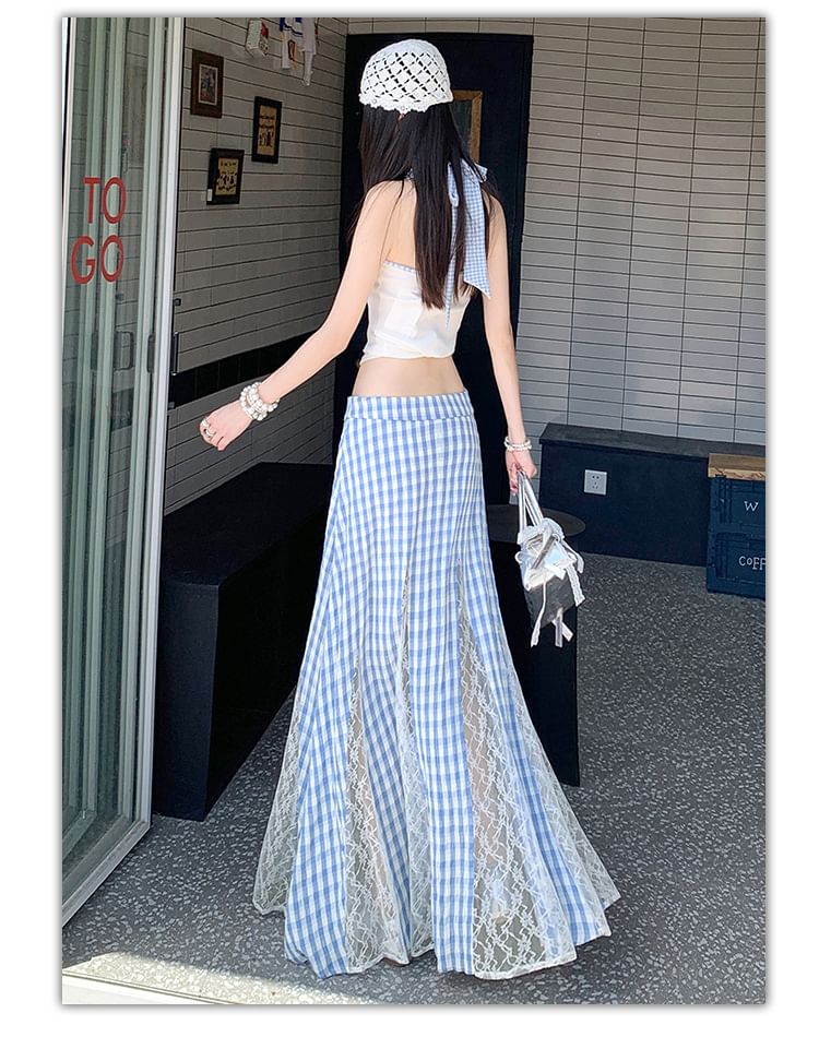 Plaid Maxi Skirt with Lace Panel and High Waist