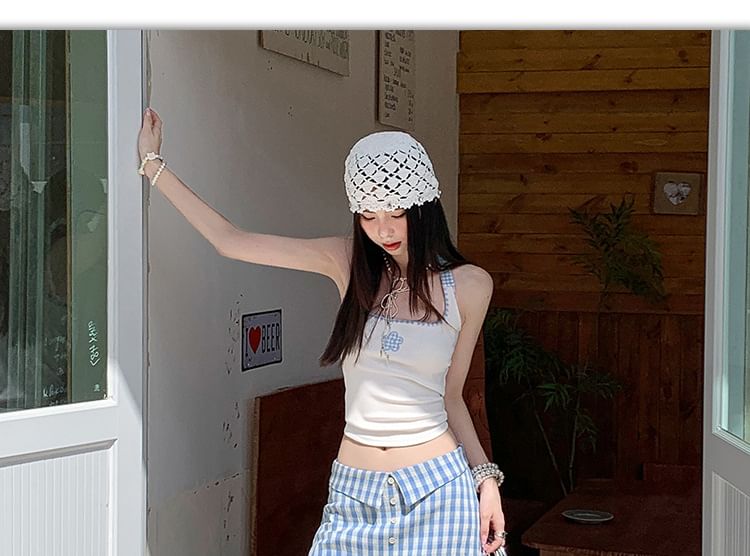 Plaid Maxi Skirt with Lace Panel and High Waist