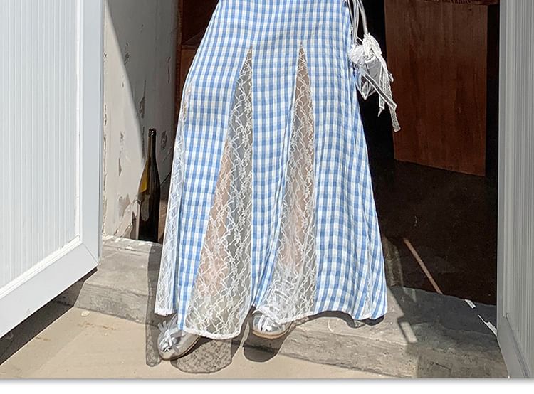 Plaid Maxi Skirt with Lace Panel and High Waist