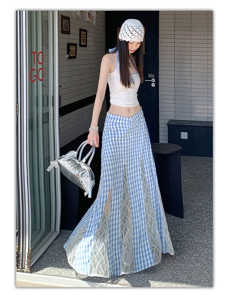 Plaid Maxi Skirt with Lace Panel and High Waist