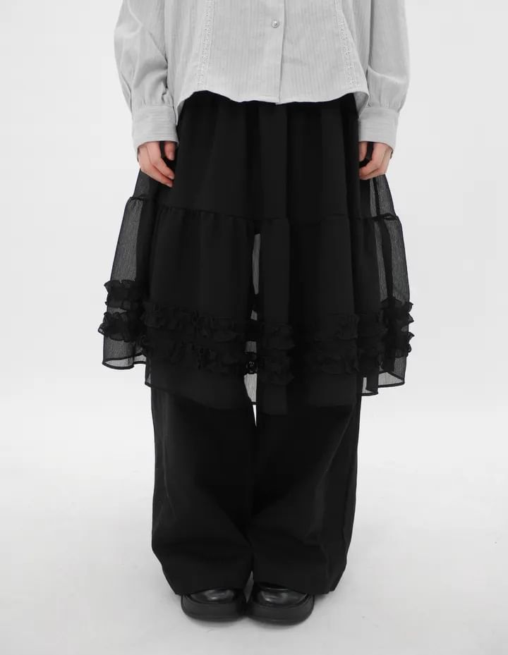 Ruffled Chiffon Midi A-Line Skirt - High Waist